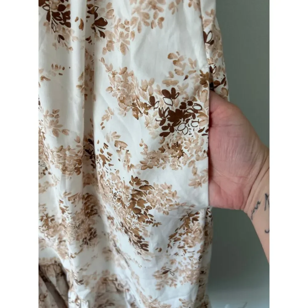 Abercrombie & Fitch White and Brown Floral Cap Sleeve Maxi Dress Medium